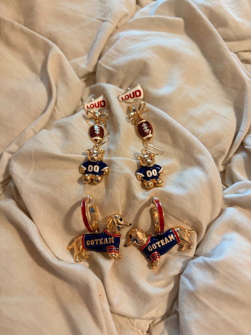 Free People Game Day Earring Set Football Bear Dachshund Hoop Drops